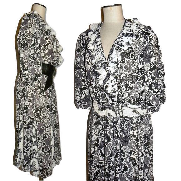 Vintage Susan Freis Georgette Graphic Print Midi Dress | Black & White | M/L - Picture 5 of 10